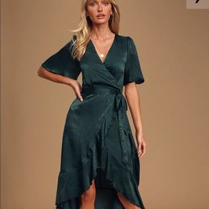 Dark Green Satin Faux-Wrap Midi Dress